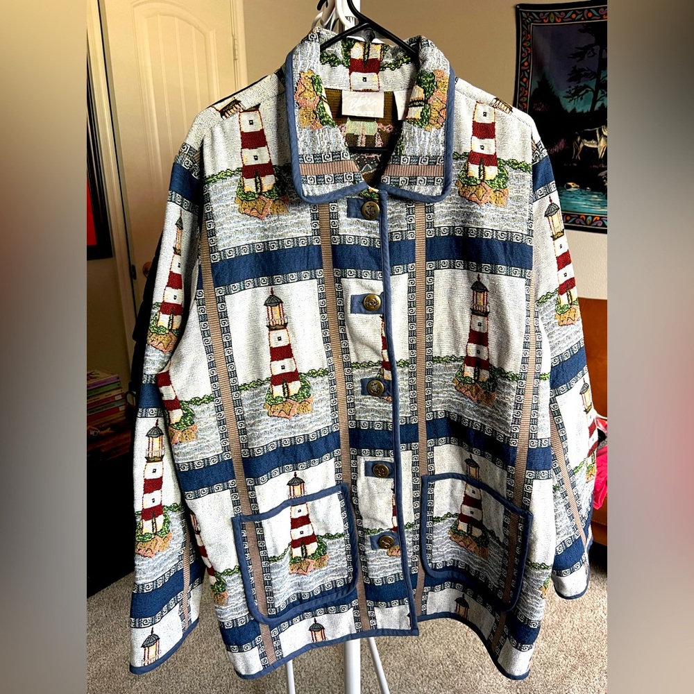 Vintage Blair  Lighthouse Print Button-Up Jacket in White, Blue & Red XL